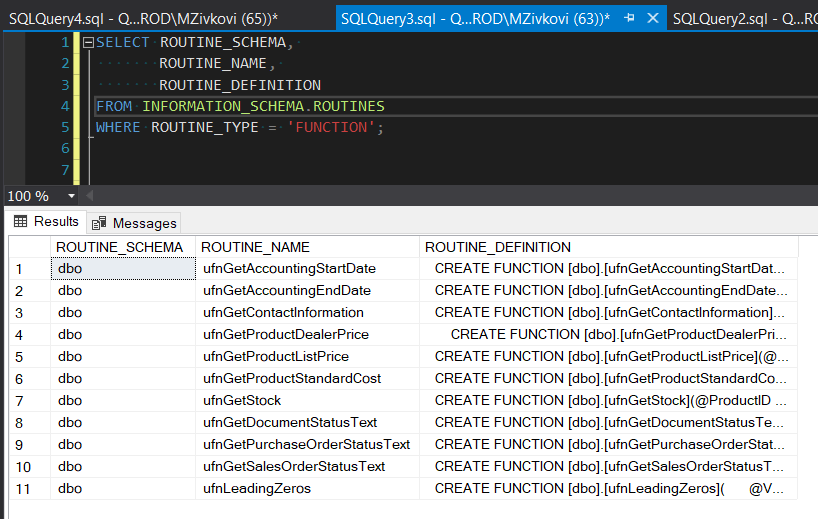 SQL search code for finding all functions in a database